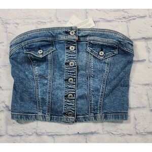 American Eagle WOMENS SZ M Denim Jean Crop Top Blue Strapless Button Up Stretch